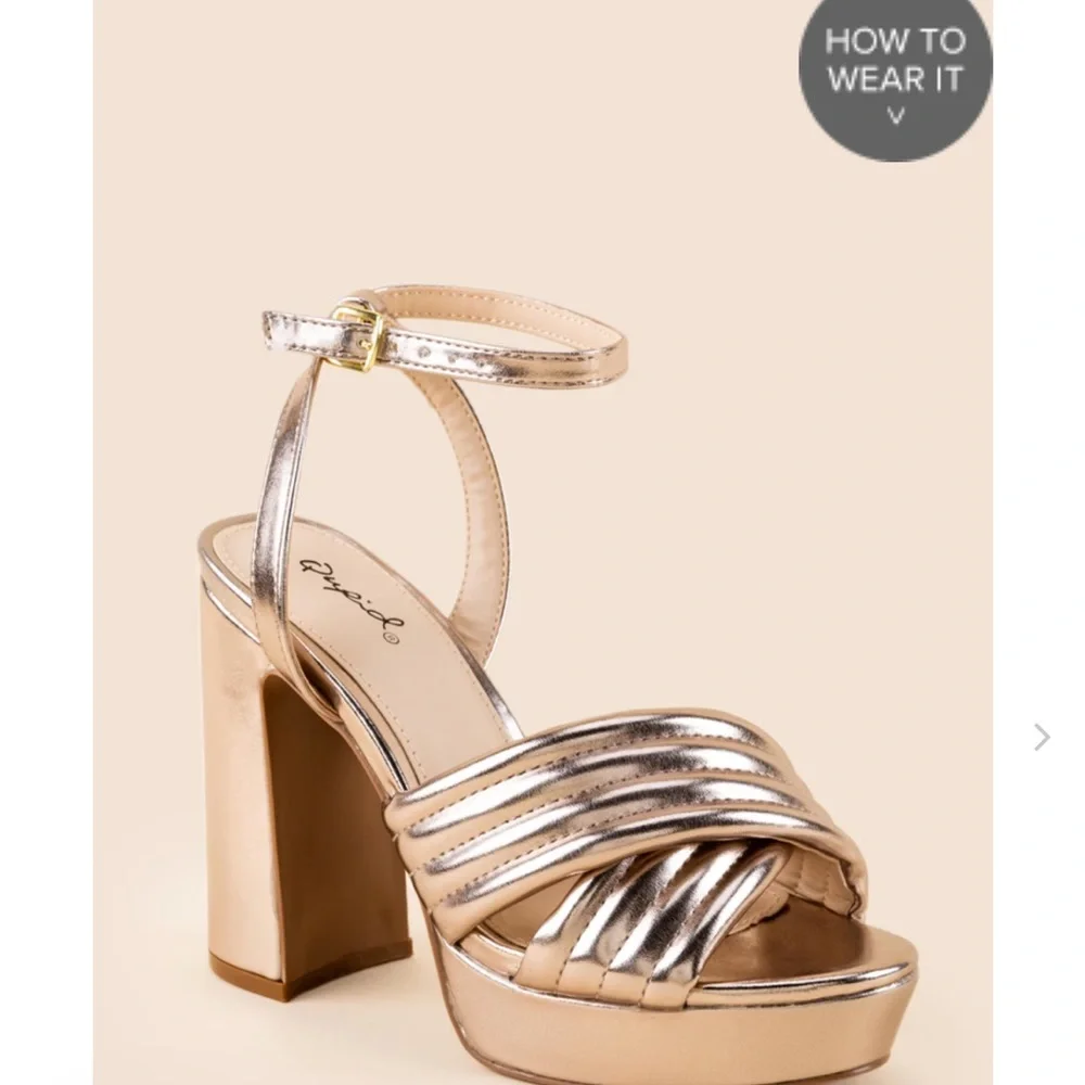 Qupid Metallic Rose Gold Platform Block Heel Sandals with Ankle Strap